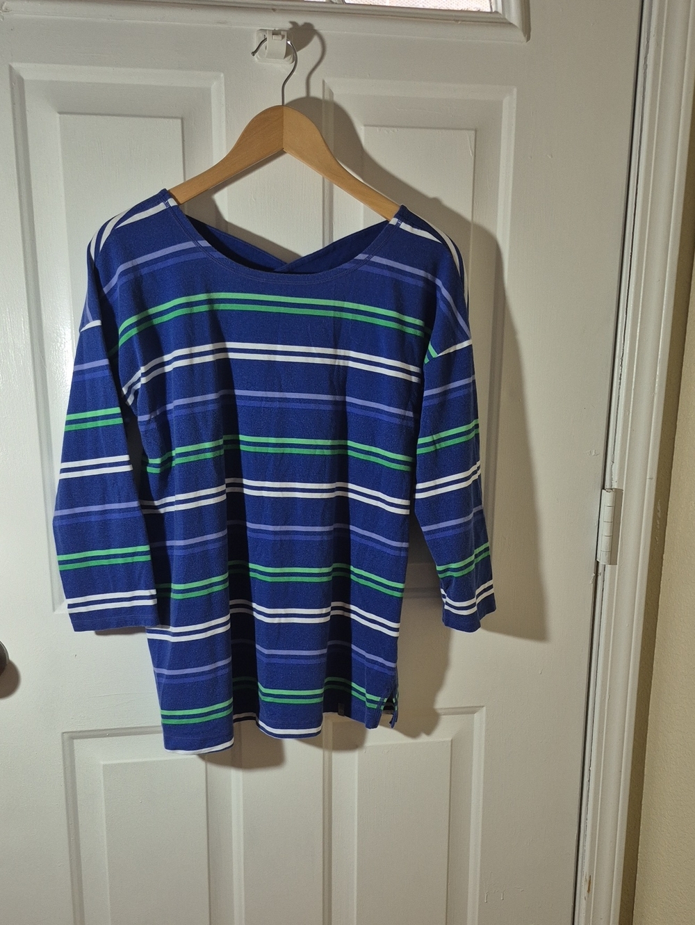 T by Talbots Blue Striped Long Sleeve Tee with Green & White Accents Size L